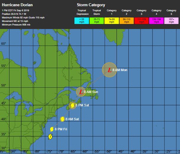 Hurricane Dorian Tracking as of Sept 6th, 2019 - 1pm