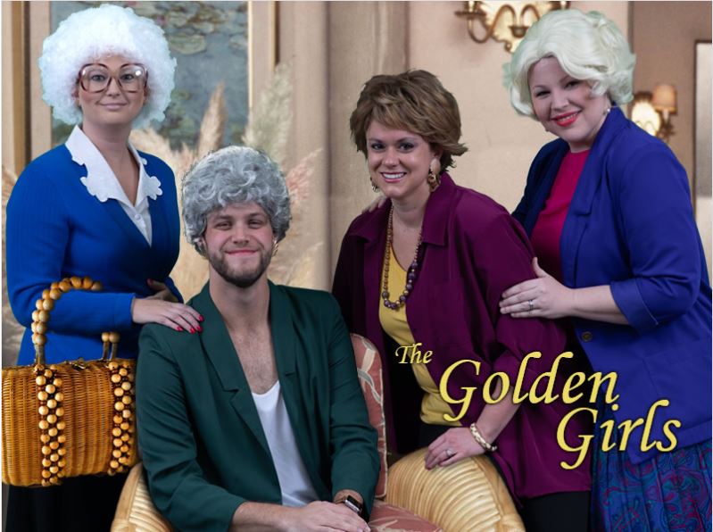 winners in the 12th Annual JSA Costume Contest: The Golden Girls! SOPHIA P& C Underwriter Haley Everett, DOROTHY Assistant Transportation Underwriter Andrew Davis, BLANCHE Transportation Renewal Underwriter Allison Gabriel, and ROSE Assistant Transportation Underwriter Elizabeth Banks.